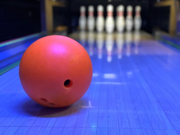 Kegeln Und Bowlingball Verschwommener Hintergrund Rote Kugel Auf Dem Hintergrund — Stockfoto