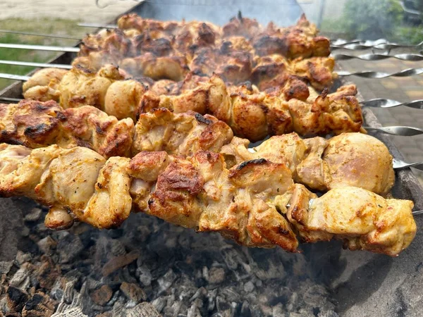 グリルでバーベキューを調理 グリルで石炭を燃焼 串に肉とバーベキュー 自然の中でピクニック 火で調理された鶏 火から煙 — ストック写真