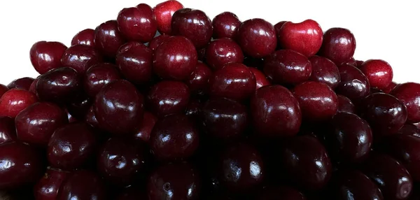 Bunch Ripe Cherries Lie Plate Isolated White Ripe Red Berries — Stock Photo, Image