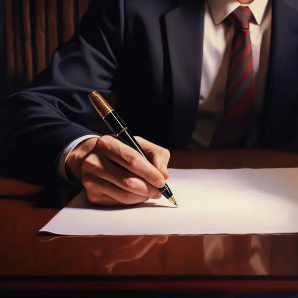 Male businessman signs a document, close-up. Office employee, company director writes on paper at the table. Concept: signing a contract, insurance, notary agreement