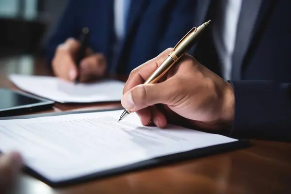 Male businessman signs a document, close-up. Office employee, company director writes on paper at the table. Concept: signing a contract, insurance, notary agreement