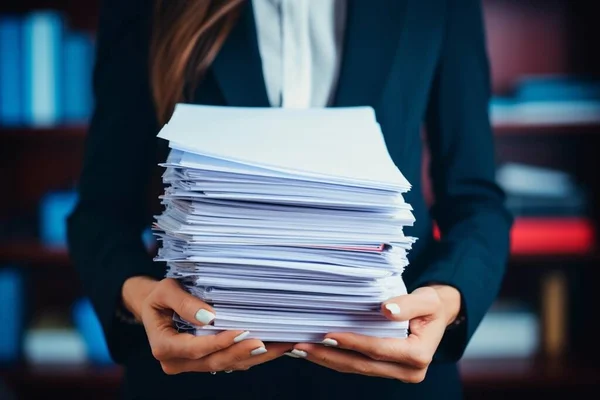 A female secretary holds a stack of papers in her hands. An accountant carries a stack of documents in his hands. Concept: Office worker, tax reports, documentation. Al generated, Al generative