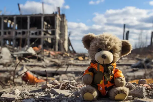 stock image A teddy bear against the backdrop of war-damaged houses. A children's toy among the bombed buildings. Concept: war, stolen children.