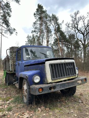 Ormandaki eski bir kamyon. Ağaçların arasında açık vücutlu bir kamyon. Kırık açık hava kamyonu.