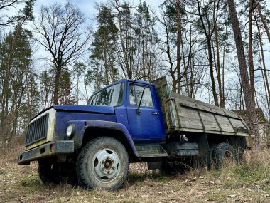 Ormandaki eski bir kamyon. Ağaçların arasında açık vücutlu bir kamyon. Kırık açık hava kamyonu.