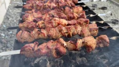 Izgarada şiş kebap yapıyorum. Izgarada kömür, şişte et ve barbekü. Doğada piknik, ateşte pişen domuz eti, ateşten çıkan duman..