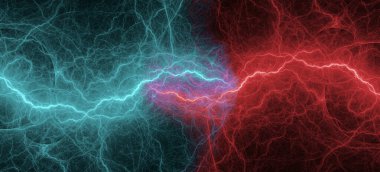 Kırmızı ve mavi yıldırım, soyut elektrik arkaplan