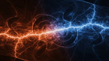 Ateş ve buz yıldırımı arka planı, elektrik enerjisi soyut