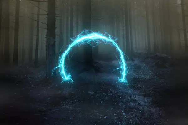 stock image Neon portal in the foggy forest, magical evening