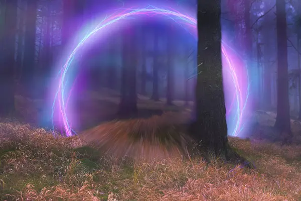 stock image Neon portal in the foggy forest, magical evening
