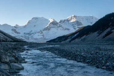 Soğuk bir sabah boyunca Columbia 'nın yanındaki Sunwapta nehri, Jasper Ulusal Parkı, Kanada