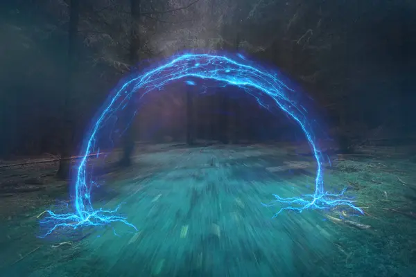 stock image Blue portal in the foggy forest, magical evening