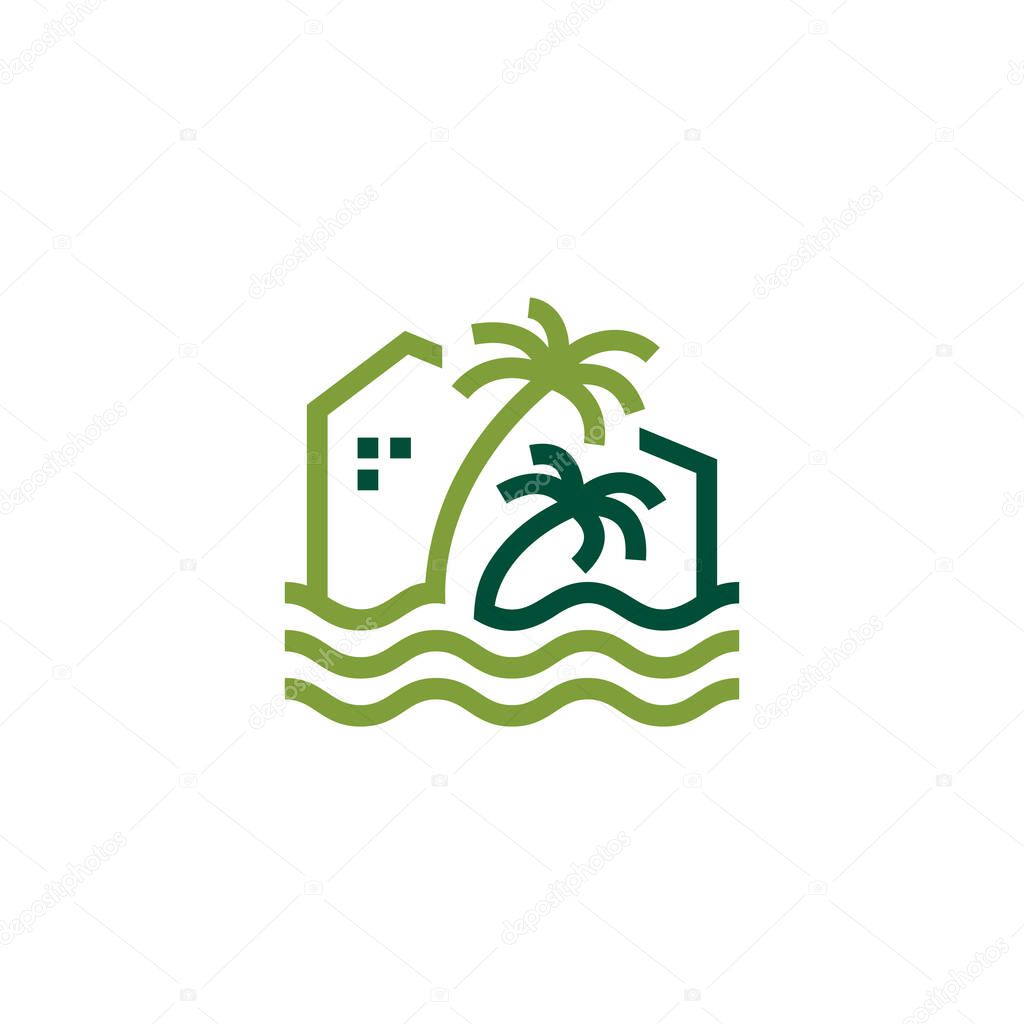 Palm house beach sea wave logo vector icon illustration