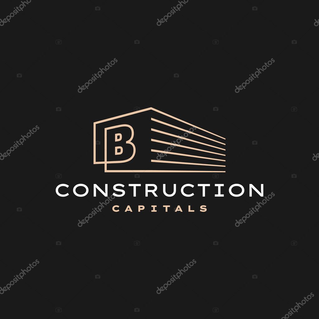 B Letter Construction 3D Perspective Gold Outline Logo Vector Icon Illustration