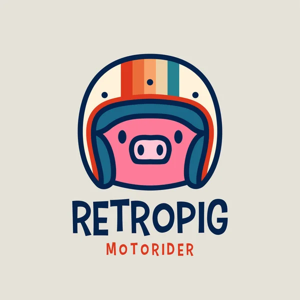 Pig Piggy Helmet Retro Moto Rider Cartoon Mascot Character Logo Стоковий вектор