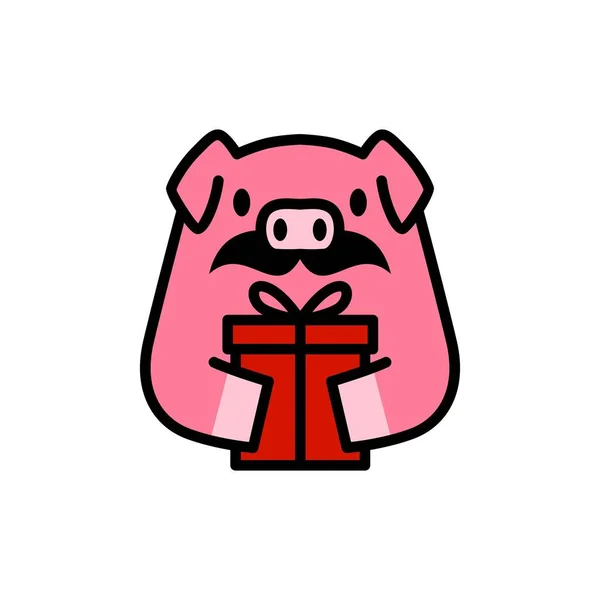 Moustache Cochon Tient Cadeau Anniversaire Logo Dessin Animé Personnage Vecteur — Image vectorielle