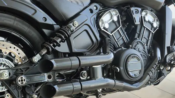 Karmaşık tasarımı ve benzersiz özelliklerini sergileyen güçlü siyah motosiklet motorunun detaylı bir görüntüsü.