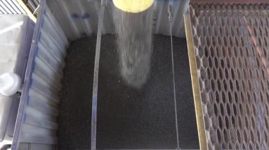 Taşıyıcı bant etkili bir şekilde tanecikleri bir kabın içine boşaltır, bu da anahtar madde işleme süreçlerini gösterir