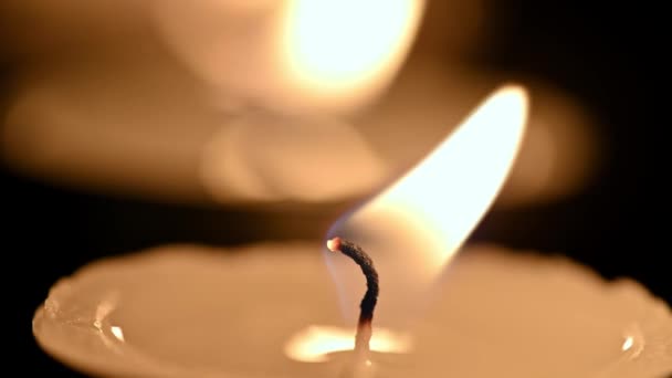 Close Burning Candle Wick Dark Flame Burning Candles Dark Background — Stock Video