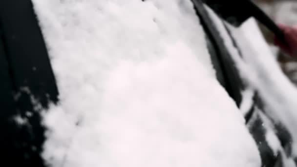 男はブラシで車から雪をクリアします 男の手に筆を 冬の車のクリーニングの概念 — ストック動画