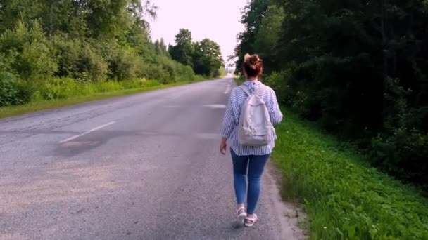 Viajante Com Uma Mochila Vai Longo Estrada Floresta Viagens Locais — Vídeo de Stock