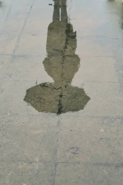 Puddle Reflection Silhouette Girl Umbrella Reflection Water — Stock Photo, Image