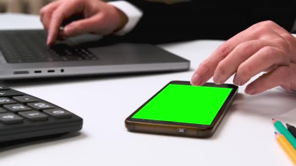 Woman Working Laptop Smartphone Green Chroma Key — Stock Video