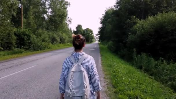 Woman Goes Unknown Places Walk City Asphalt Road — Stock Video