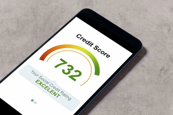 Smartphone Lies Table Shows Credit Score Application Screen Bank Credit Imagem De Stock
