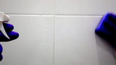 The hand of a man in purple rubber gloves clean the tile in the bathroom..