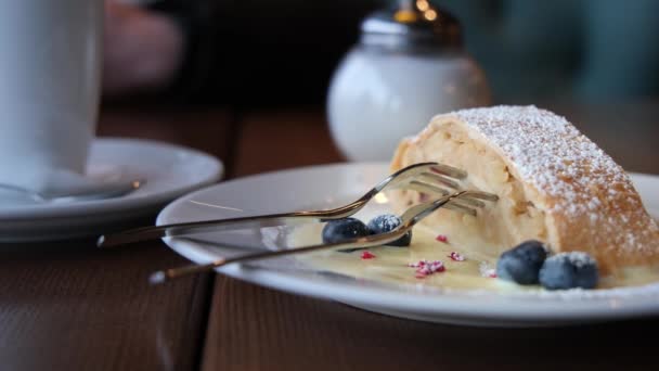 Tarçınlı Kremalı Elmalı Turta Beyaz Tabakta Bir Parça Kek — Stok video