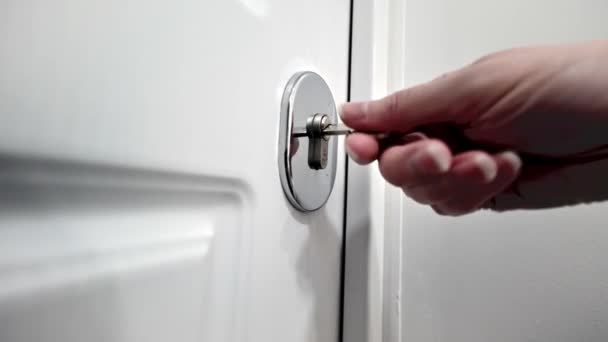 Female Hand Closes Door Key Lock Woman Turning Key Lock — Stock Video