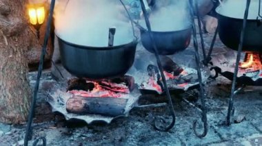 Küçük bir kafe sahibi, kazanların üzerinde çok fazla duman bulunan çeşitli yemekler pişirir. Kokulu koku ziyaretçileri cezbeder..