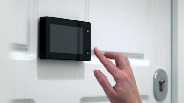 Door Phone Access Control Technology Woman Turn Camera Video Doorbell — Stock Video