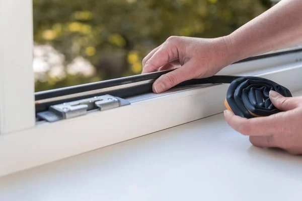 Person Installing Window Seal Window Heat Saving Concept — Stock Photo, Image