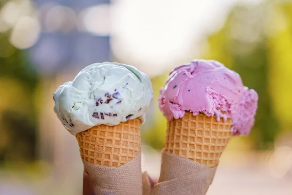 Two Scoops Ice Cream Hand Ice Cream Summer Day Outdoors Stock Picture
