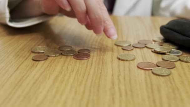 Woman Hand Lays European Coins Table Close Rising Prices Impoverishment — стокове відео