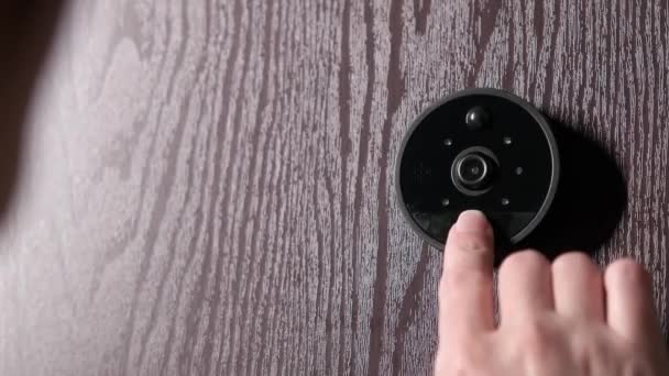 Close Hand Pressing Doorbell Woman Ringing Intercom Camera Entryway — Stock Video