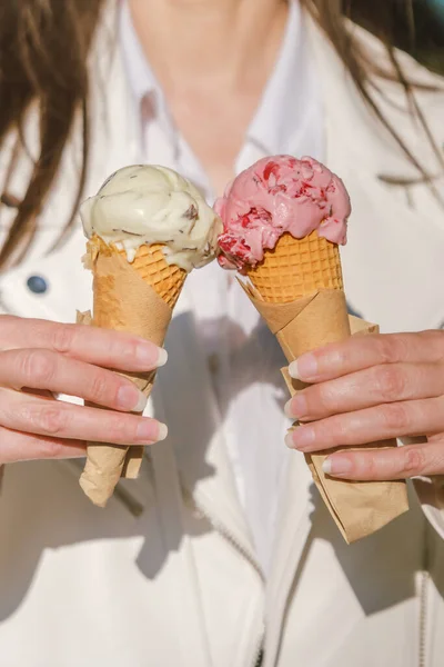 Two Colorful Horns Delicious Ice Cream Cone Hands Girl — Stock Photo, Image