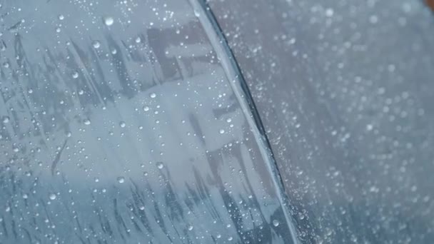 Acqua Piovana Scorre Lungo Ombrello Trasparente Durante Pioggia Tempo Piovoso — Video Stock