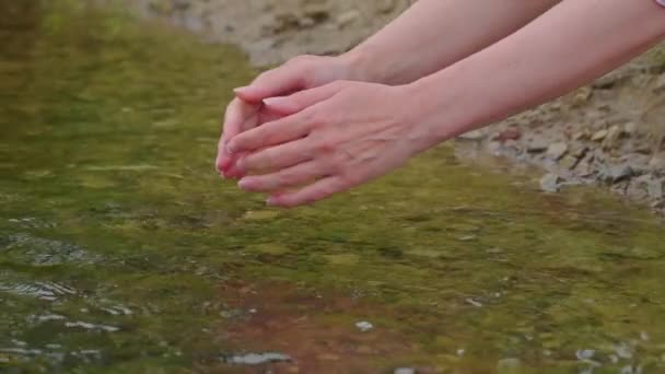 Κοντινό Πλάνο Χεριών Γυναικών Που Συλλέγουν Νερό Από Ποτάμι — Αρχείο Βίντεο
