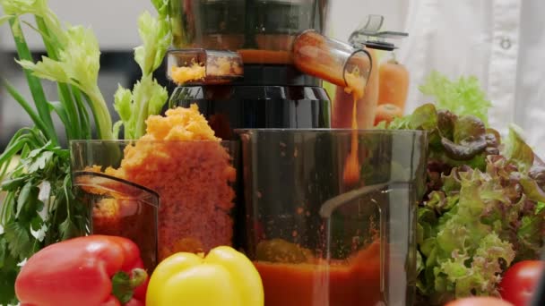 Nowoczesna Sokowirówka Produkuje Sok Marchewkowy Świeże Warzywa Owoce Stole Kuchni — Wideo stockowe