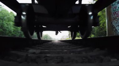 Doğadaki orman rayları üzerinde hareket eden bir trenin dinamik alçak açılı görüntüsü.