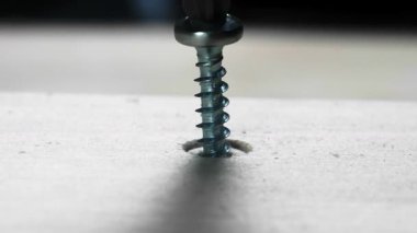 Atölye Ortamı 'nda elektrikli tornavidayla tahta yüzeydeki vidayı sökmeye yakın çekim