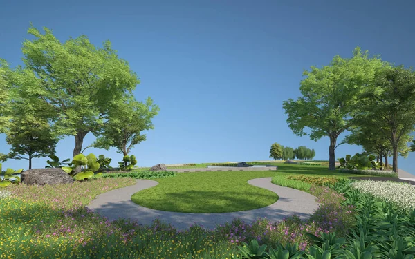 Garden design with sky blue for background. 3d rendering