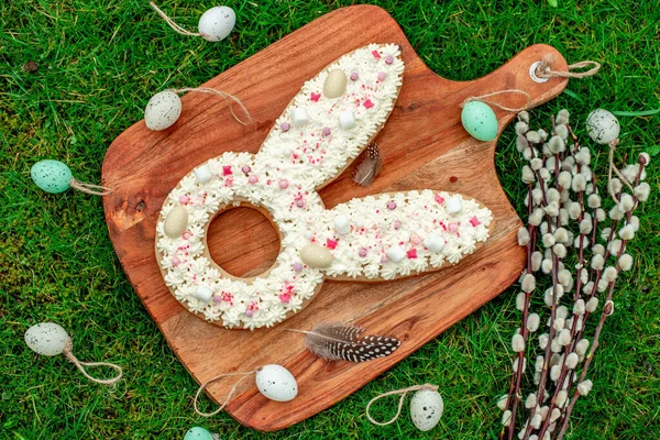 Gâteau Forme Lapin Pâques Avec Des Œufs Des Fleurs — Photo