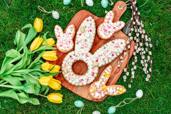 Easter Rabbit Shaped Cookies Eggs Willow Flowers Tulips — Stock Photo, Image