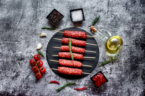 Raw Meat Sausages Spices Herbs Food Concept — Stock Photo, Image