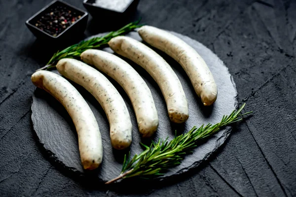 Raw German Sausages Black Stone Background — Stock Photo, Image
