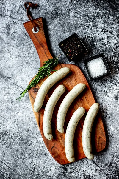 Raw German Sausages Wooden Board — Stock Photo, Image